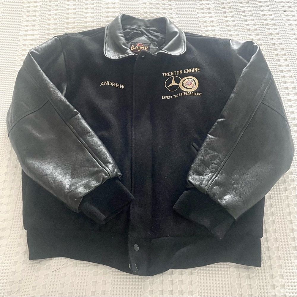 Vintage Daimler Chrysler Leather & Wool Bomber Varsity Style Coat Trenton Engine